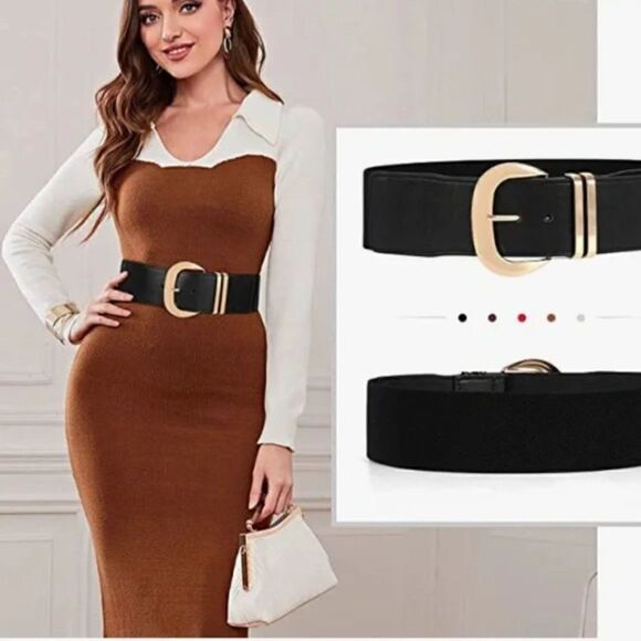 Women Wide Elastic Waist Belt for Dresses Fashion Gold Buckle Stretchy Leather - Picture 3 of 7